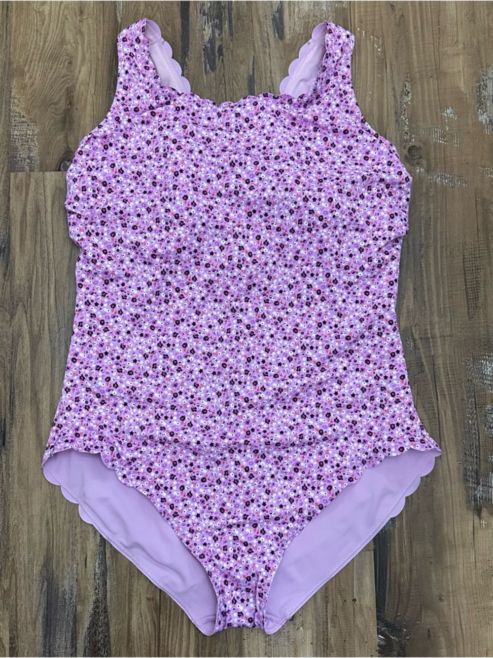 NWT Lands End Purple Pink Ditsy Floral Scalloped One Piece Swimsuit